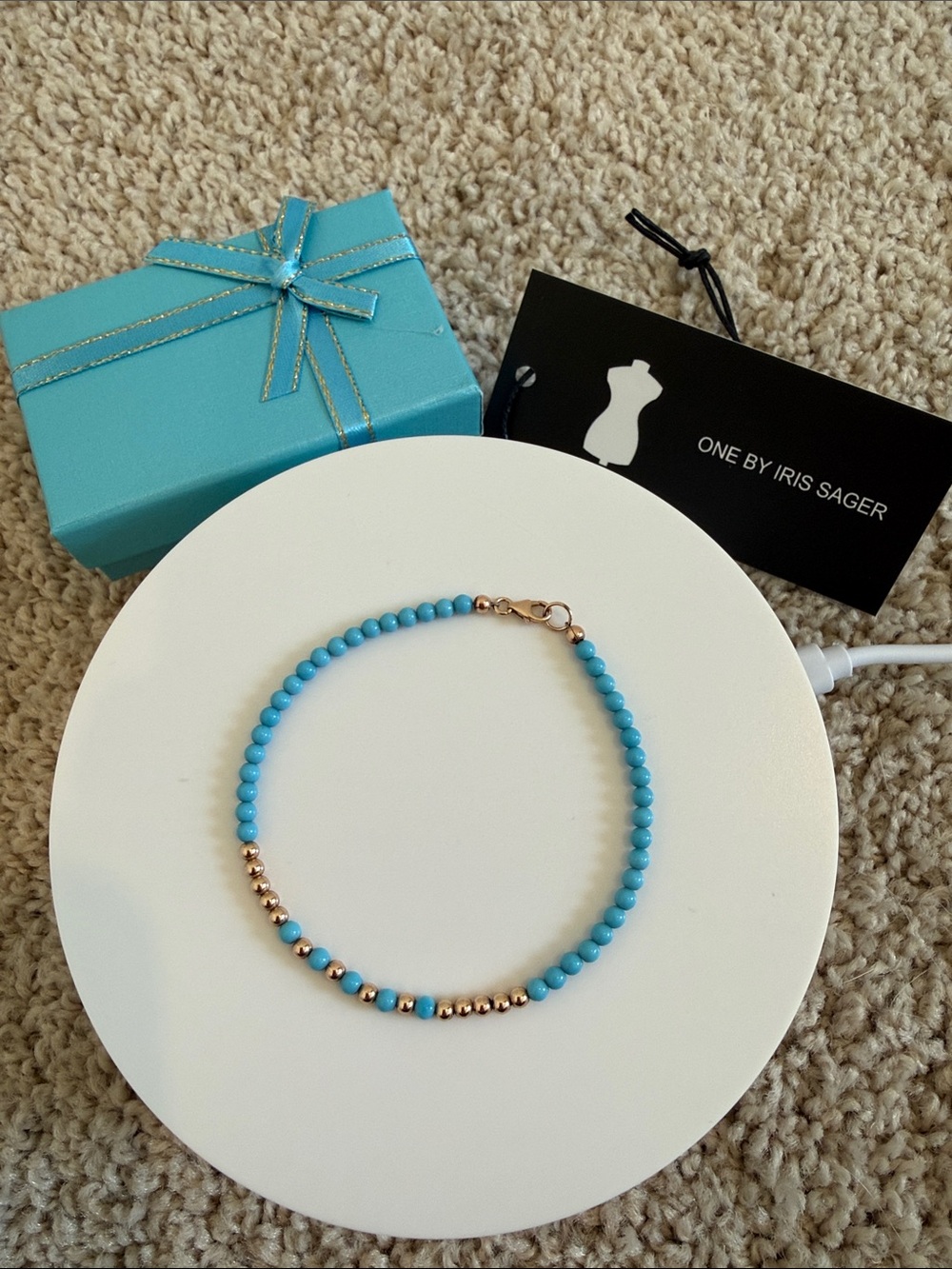 Turquoise Beaded Bracelet with Accents 3 mm 7 1/2 inch 14k solid rose gold